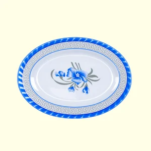 Traditional Blue Floral Oval Serving Platter with Greek Key Border