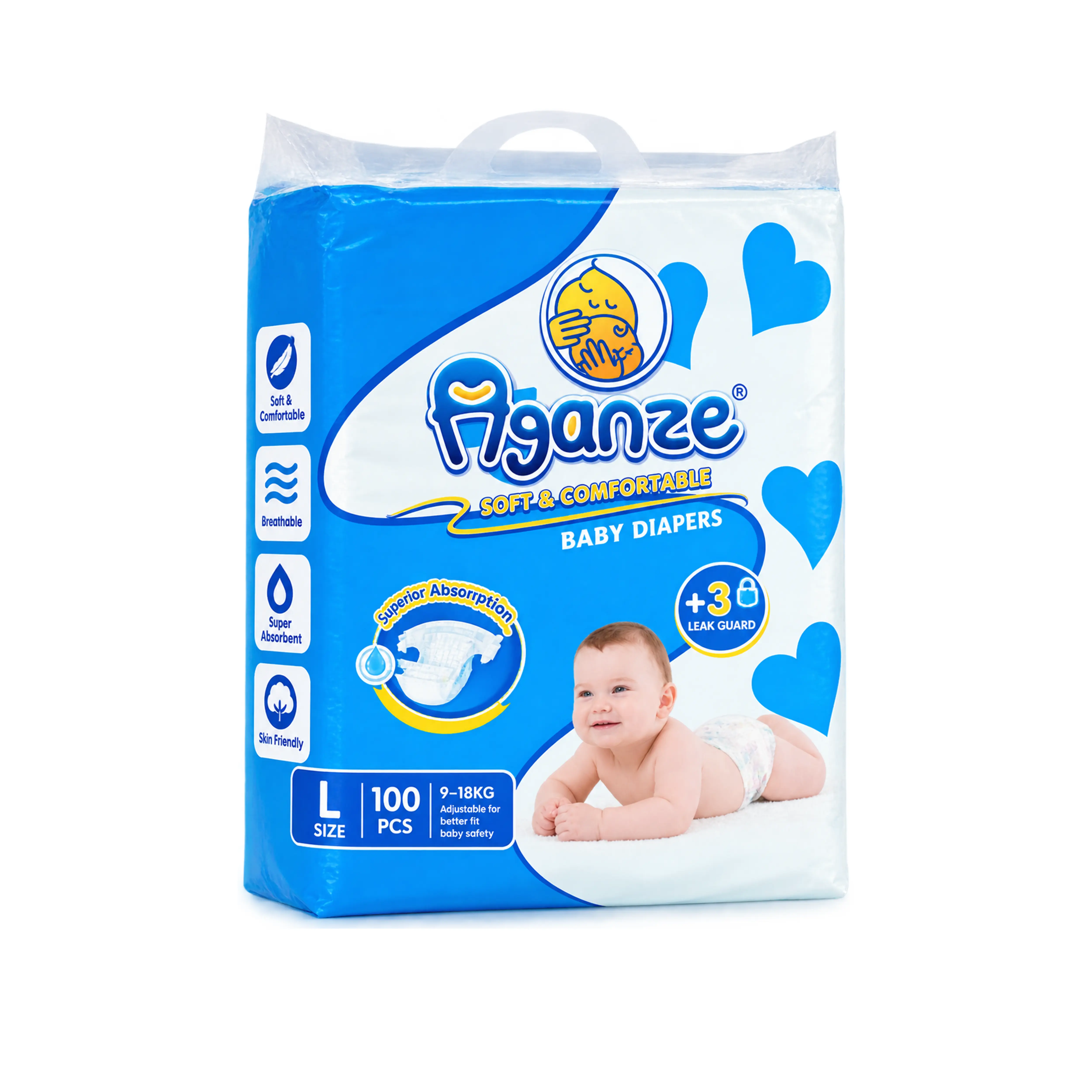 Aganze Soft & Comfortable Baby Diapers Size L (100 Pieces)
