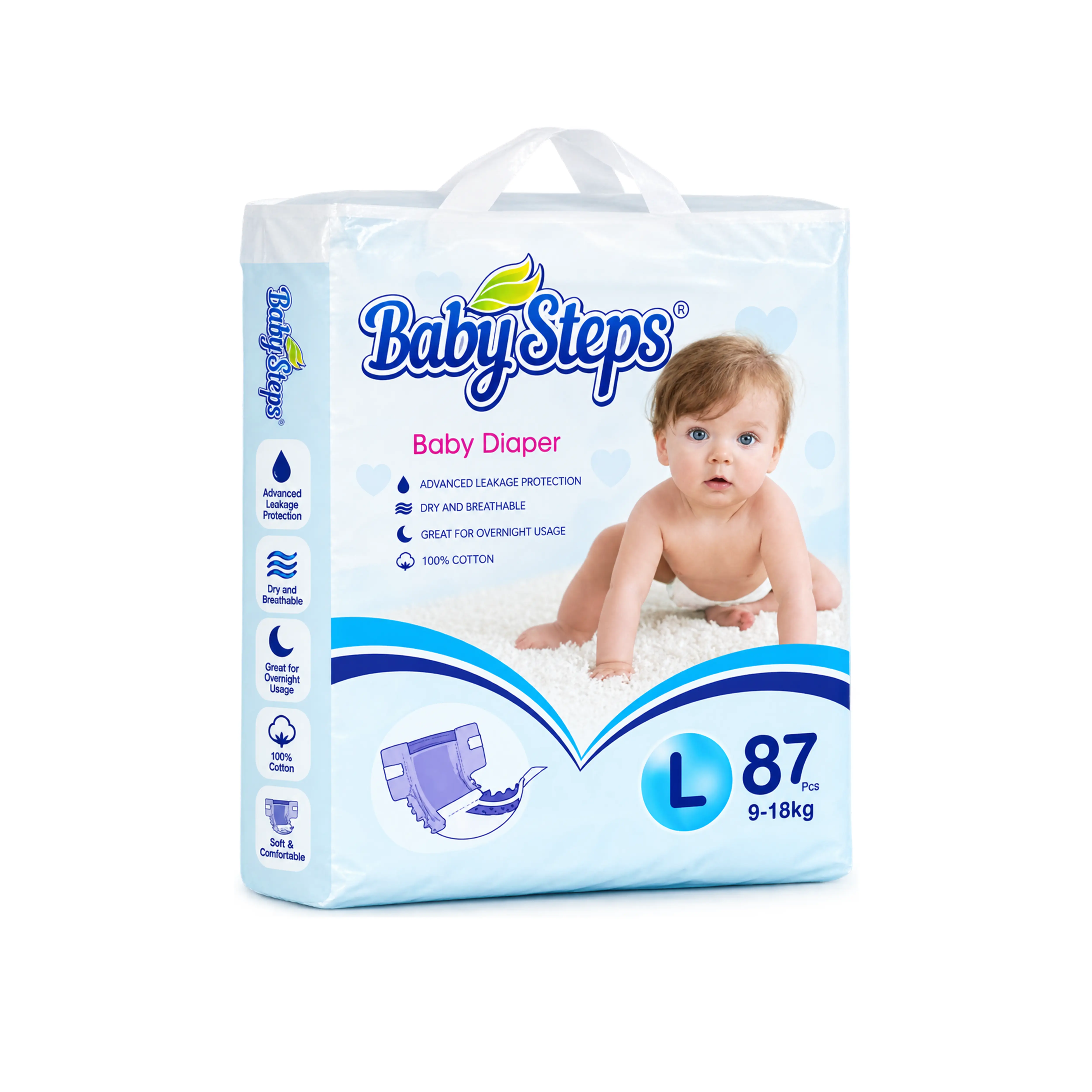 Ensure ultimate comfort and overnight protection with Baby Steps Premium Baby Diapers Size L (87 Pieces). Crafted with 100% cotton soft feel, advanced leakage protection, and a dry, breathable layer, these diapers keep babies weighing 9–18kg dry and happy all day and night.