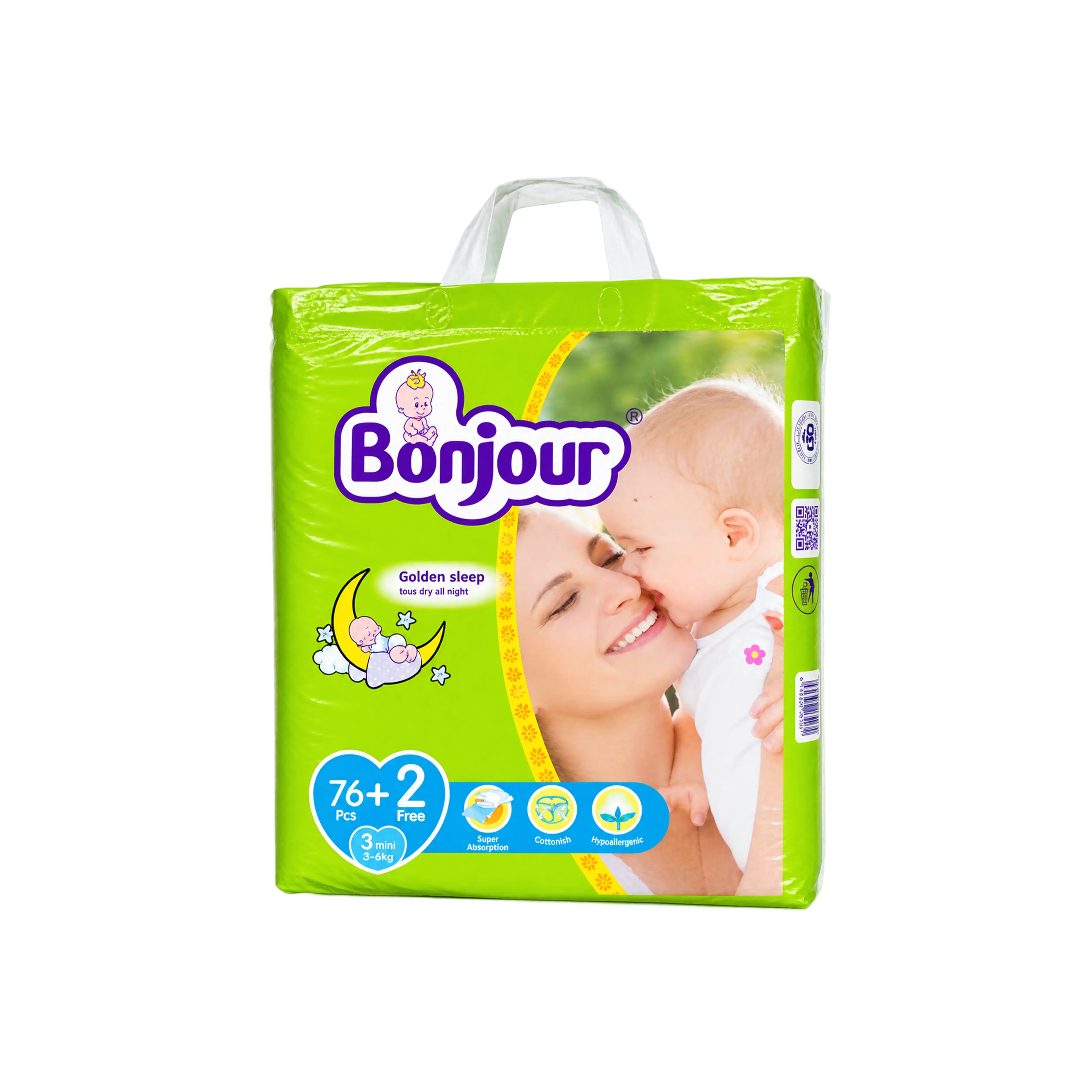: Bonjour Golden Sleep Baby Diapers Size 3 Mini (76+2 Free Pieces)