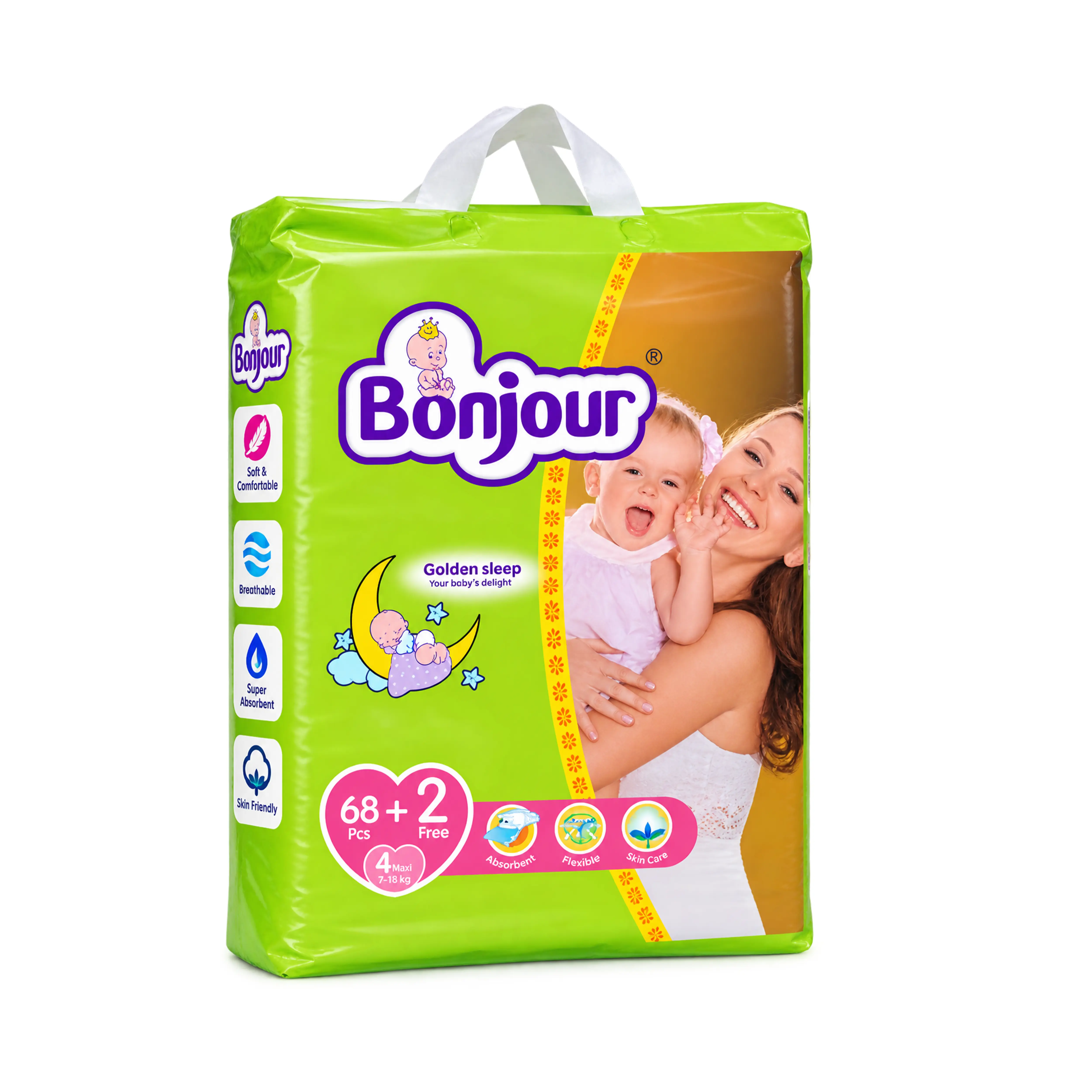 Bonjour Golden Sleep Baby Diapers Size 4 Maxi (68+2 Free Pieces)