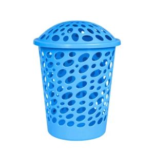 Tall Oval Plastic Laundry Hamper Basket with Lid (Blue)