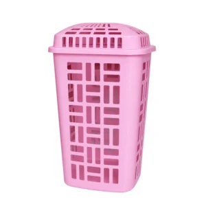 Tall Plastic Laundry Hamper Basket with Lid (Pink)