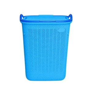 Rattan Style Plastic Laundry Hamper Basket with Lid (Blue)
