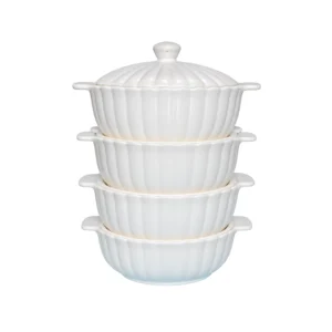 4-Piece White Fluted Ceramic Casserole Serving Dish Set with Lid