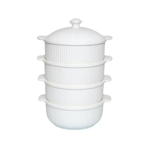 4-Piece Vertical Striped White Ceramic Casserole Dish Set with Lid