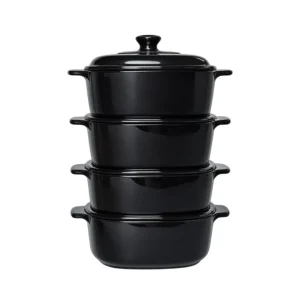 4-Piece Glossy Black Ceramic Casserole Serving Dish Set with Lid