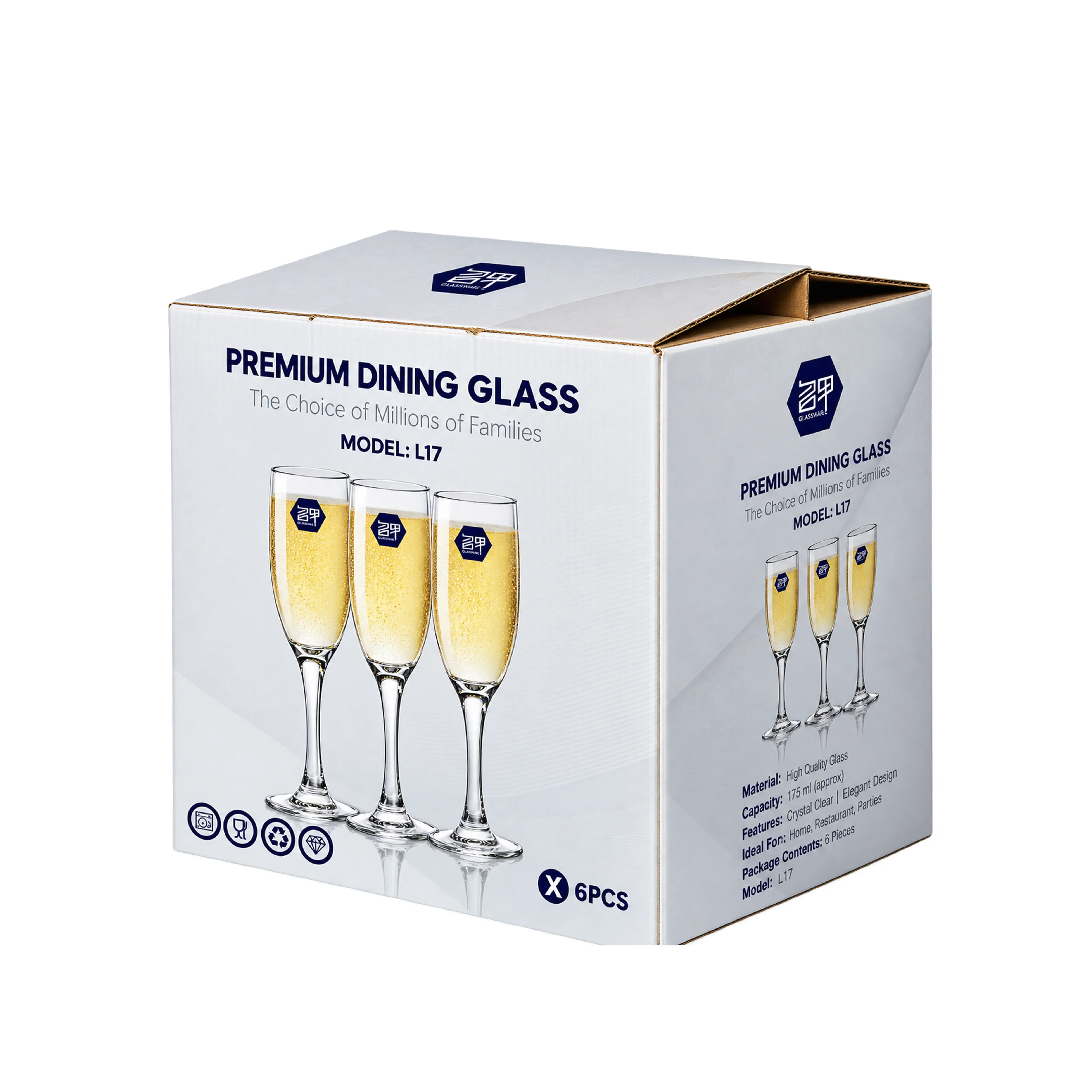 Premium Dining Glass Champagne Flutes L17 - 6 Pieces (175ml)